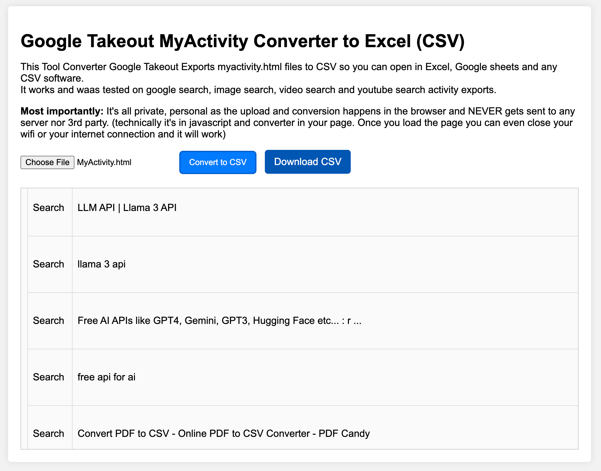 Google Takeout MyActivity Converter to Excel (CSV)