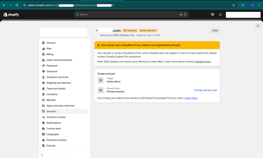 Solving “Your domain has a Cloudflare Proxy, which is not supported by Shopify"