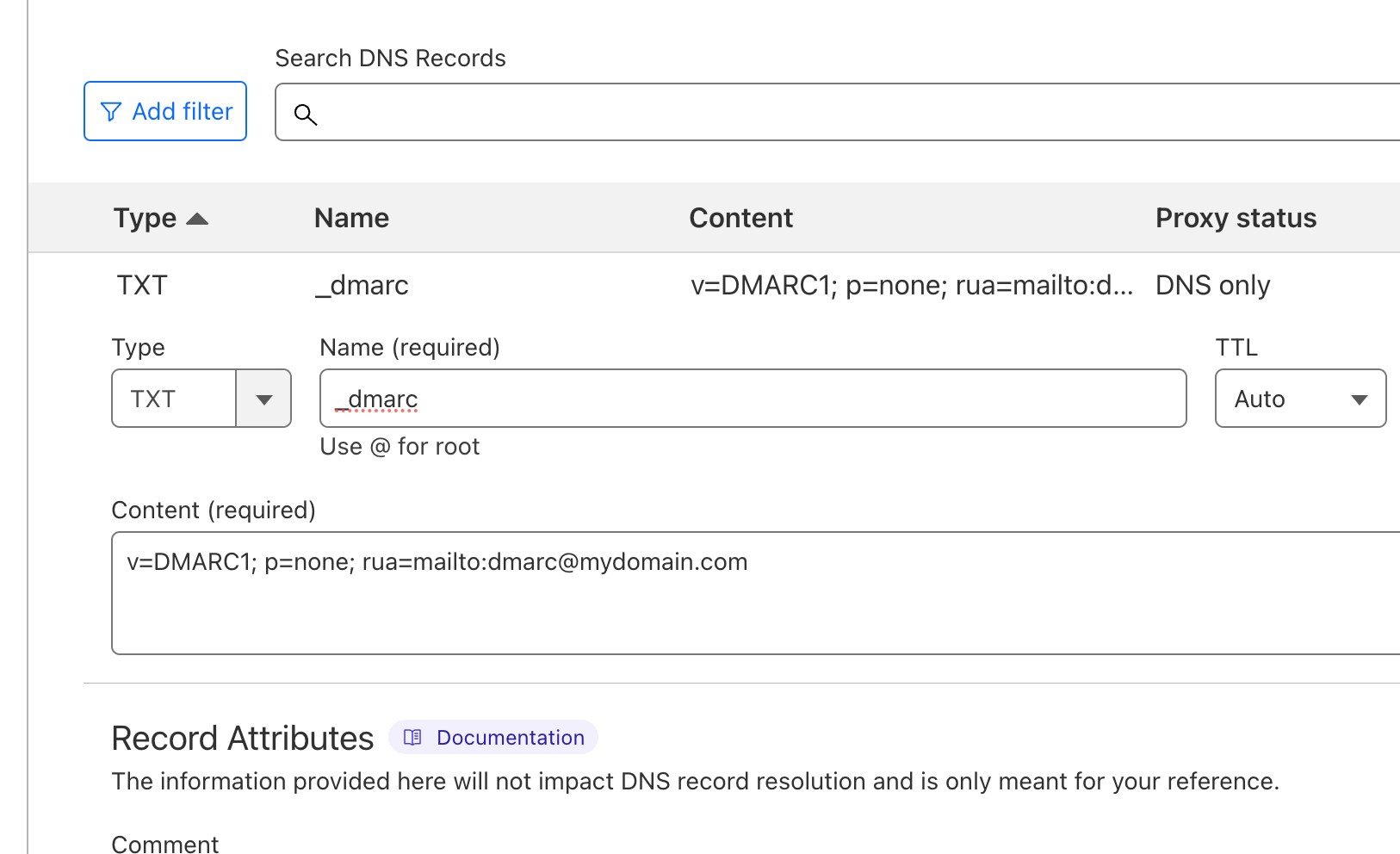 Shopify DNS TXT DMARC Entry