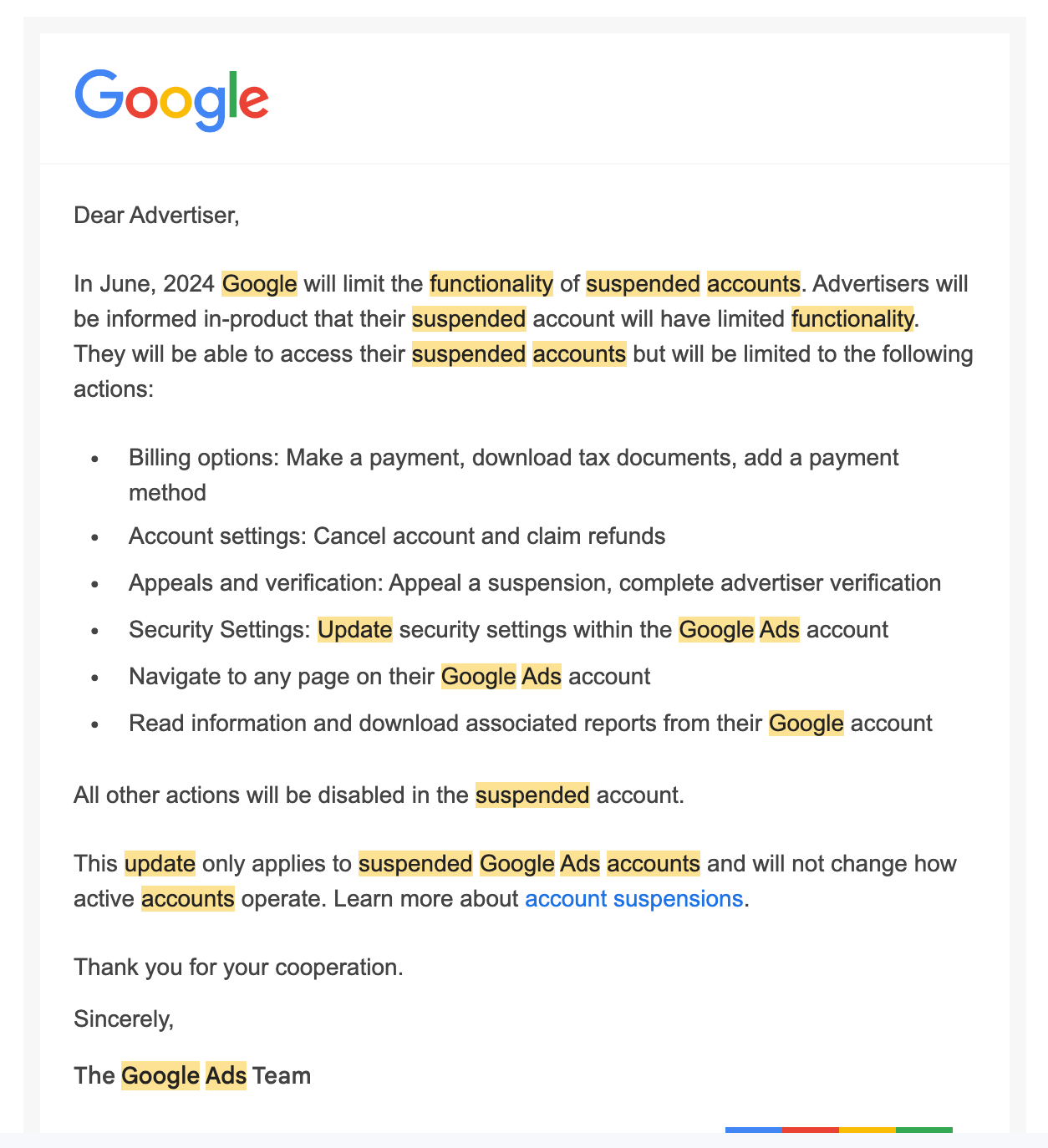 Email Explainer: Update to functionality of suspended Google Ads accounts